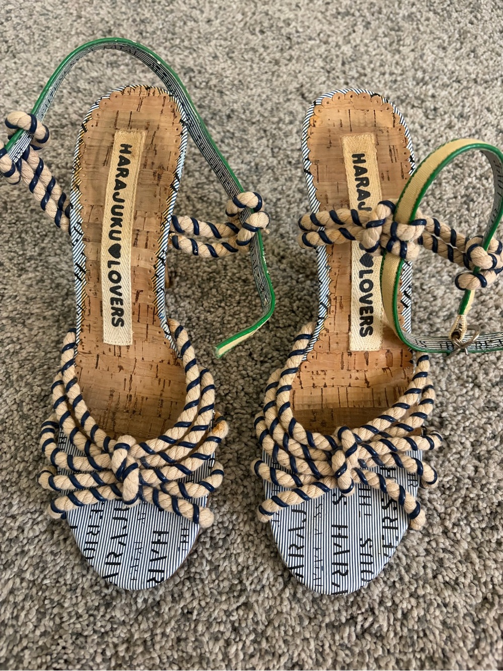 Harajuku Lovers Nautical Rope Knot Heels in Beige & Navy with Green Accent